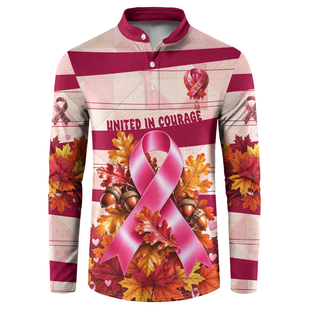 United In Courage Breast Cancer Awareness Pink Ribbon Button Sweatshirt Autumn Oak Leaves Acorns Campfire Gathering