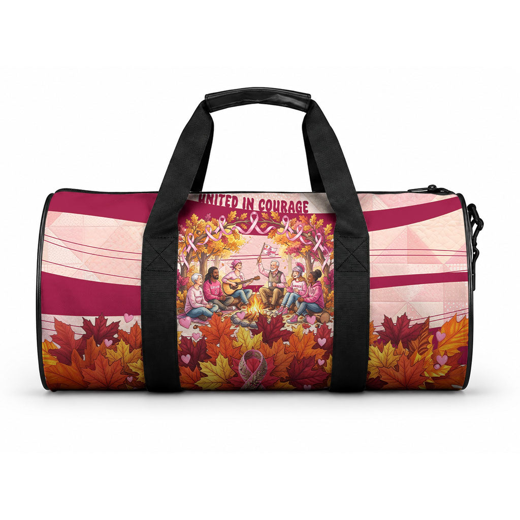 United In Courage Breast Cancer Awareness Pink Ribbon Duffle Bag Autumn Oak Leaves Acorns Campfire Gathering
