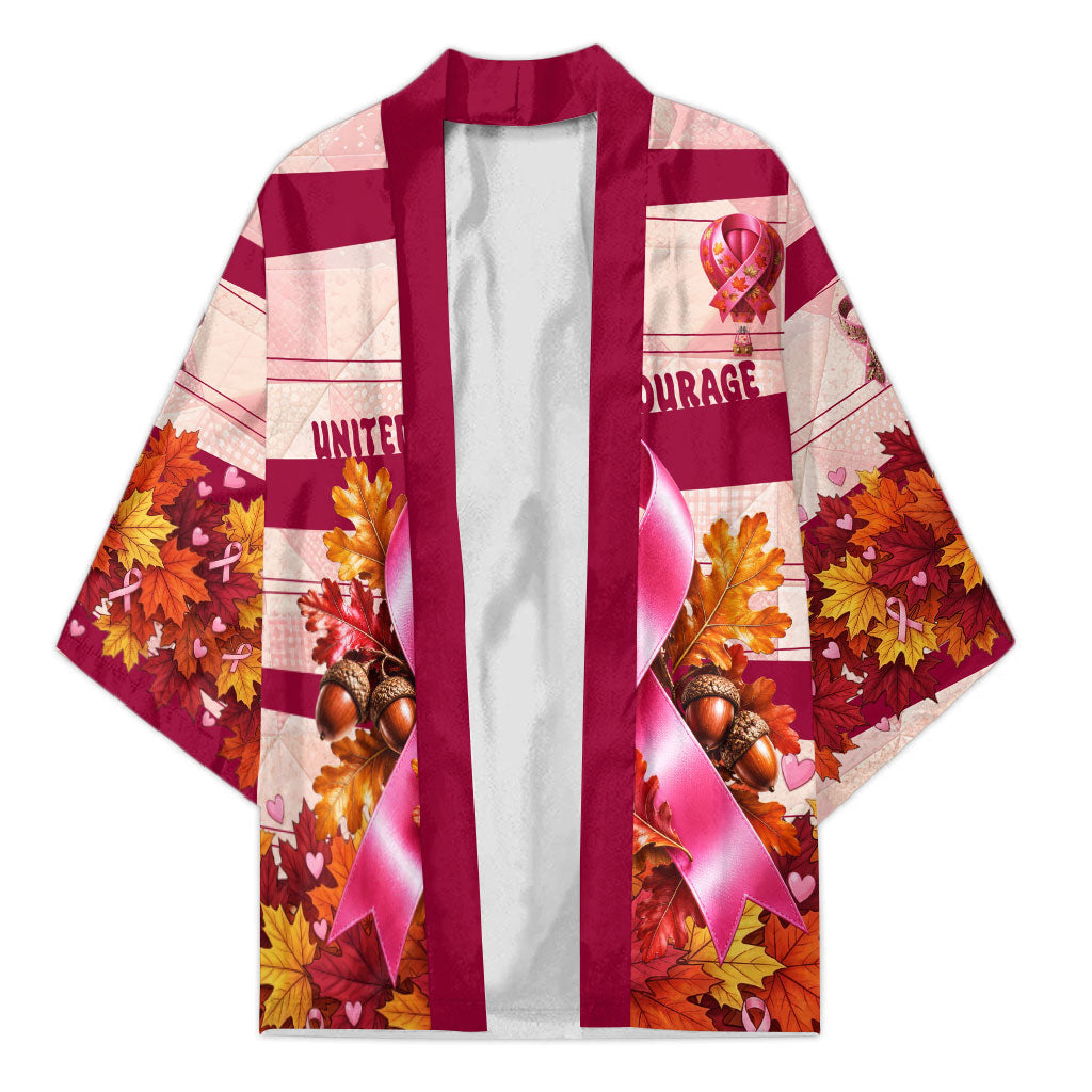 United In Courage Breast Cancer Awareness Pink Ribbon Kimono Autumn Oak Leaves Acorns Campfire Gathering