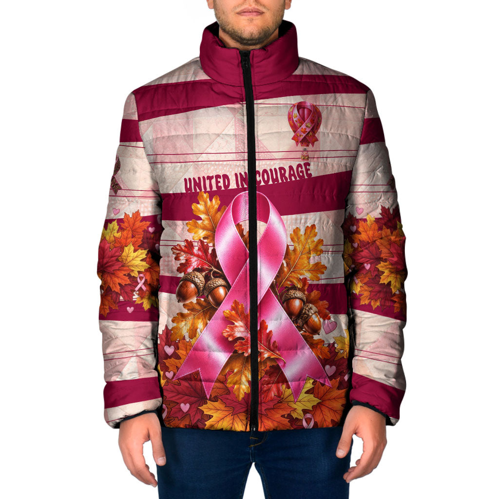 United In Courage Breast Cancer Awareness Pink Ribbon Padded Jacket Autumn Oak Leaves Acorns Campfire Gathering