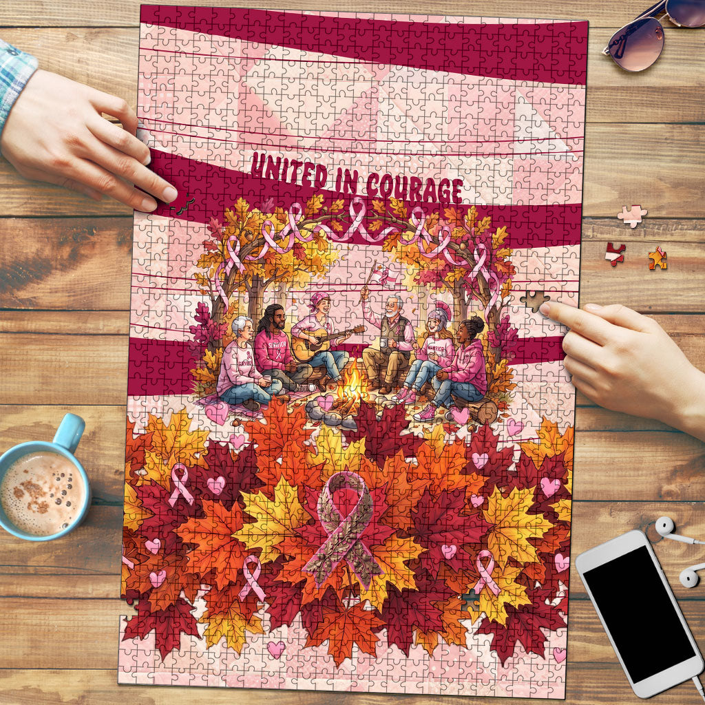 United In Courage Breast Cancer Awareness Pink Ribbon Puzzle Autumn Oak Leaves Acorns Campfire Gathering