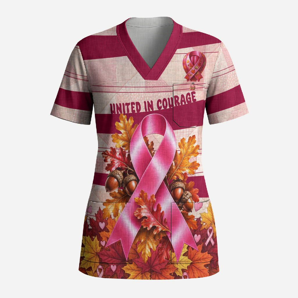 United In Courage Breast Cancer Awareness Pink Ribbon Scrub Top Autumn Oak Leaves Acorns Campfire Gathering