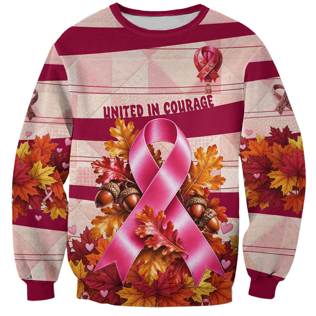 United In Courage Breast Cancer Awareness Pink Ribbon Sweatshirt Autumn Oak Leaves Acorns Campfire Gathering