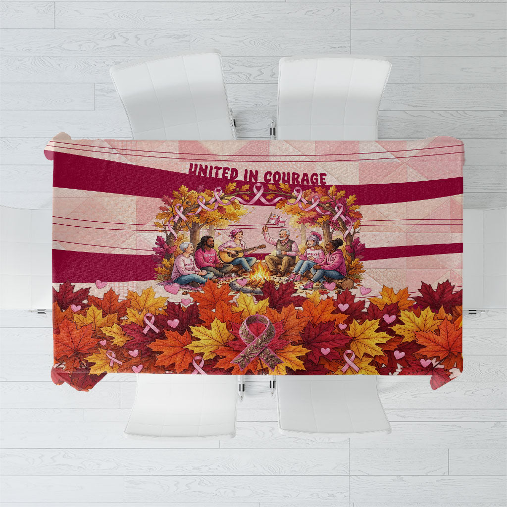 United In Courage Breast Cancer Awareness Pink Ribbon Tablecloth Autumn Oak Leaves Acorns Campfire Gathering