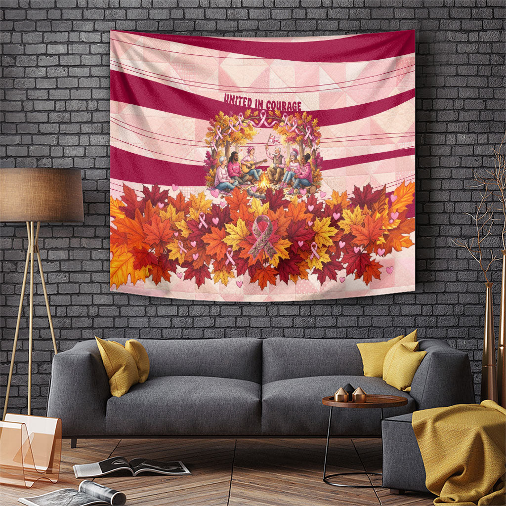 United In Courage Breast Cancer Awareness Pink Ribbon Tapestry Autumn Oak Leaves Acorns Campfire Gathering