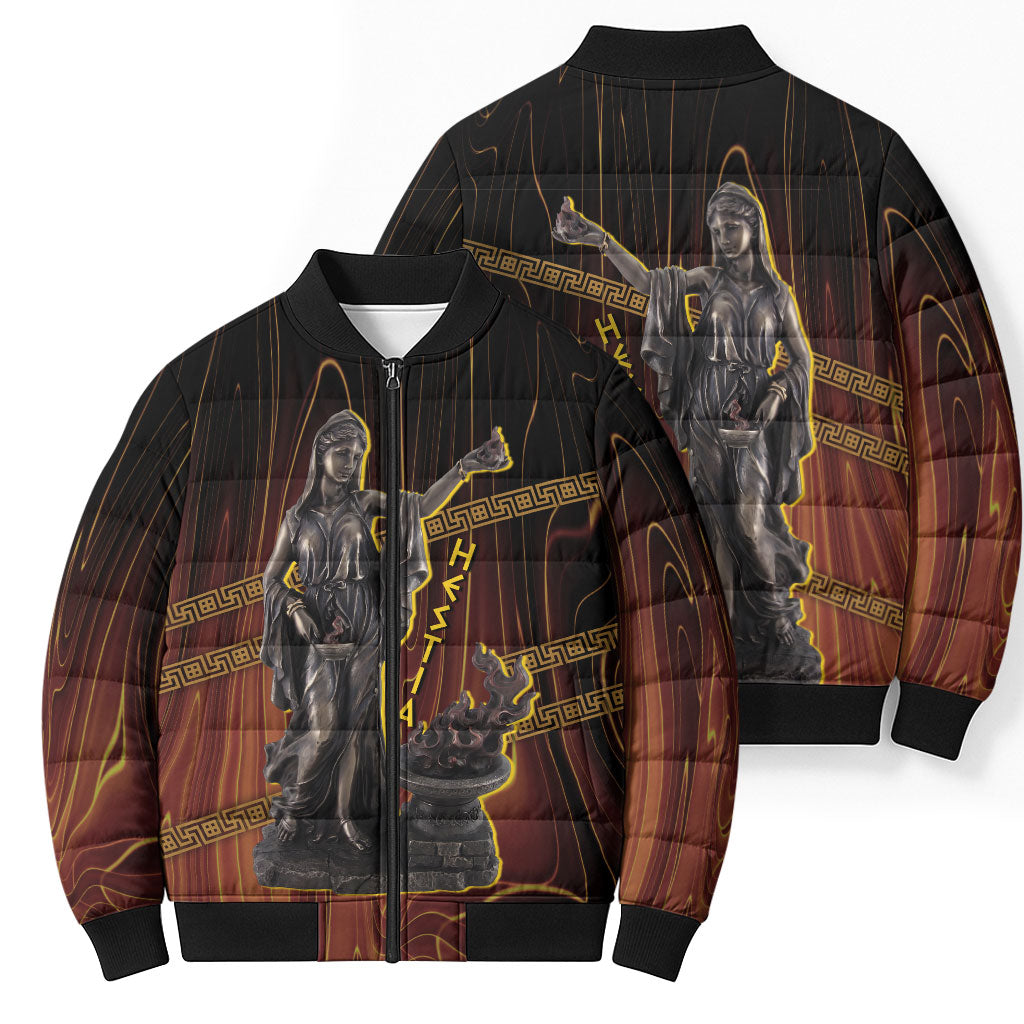 Hestia Greek Goddess Bomber Puffer Jacket Ancient Mythology Hearth Fire Bronze Statue Art