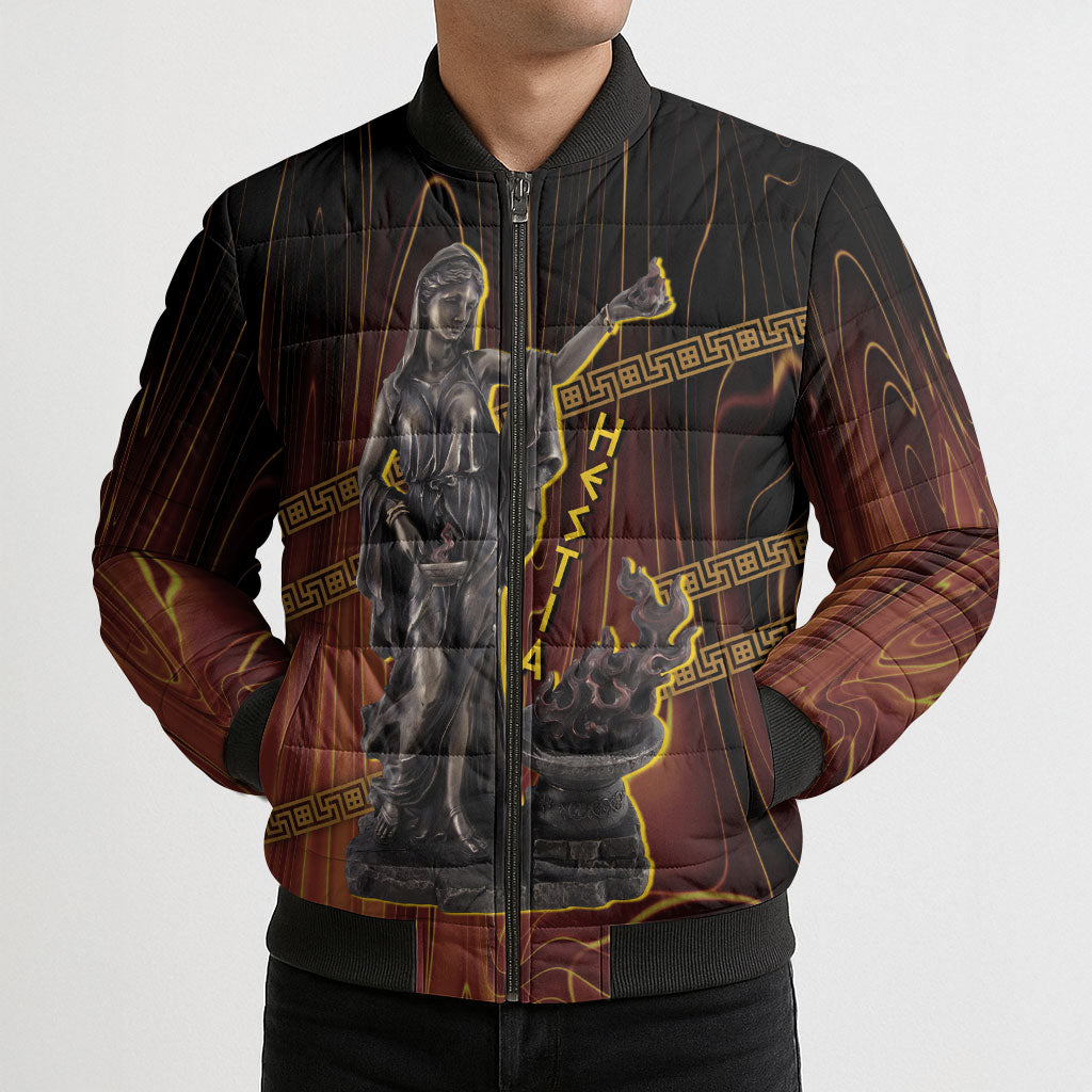 Hestia Greek Goddess Bomber Puffer Jacket Ancient Mythology Hearth Fire Bronze Statue Art
