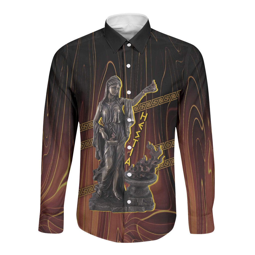 Hestia Greek Goddess Long Sleeve Button Shirt Ancient Mythology Hearth Fire Bronze Statue Art