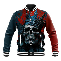 Red and dark teal baseball jacket with skull graphic, striped ribbed collar and cuffs