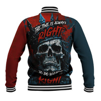 Back of red and dark teal baseball jacket with crown skull graphic, striped ribbed hem