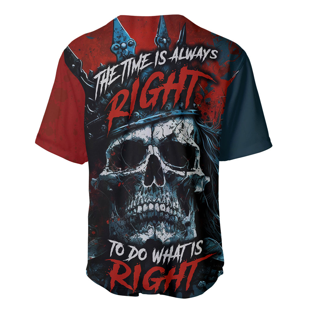Dark teal and red baseball jersey with THE TIME IS ALWAYS RIGHT skull graphic