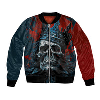 Unisex bomber jacket with skull graphic, full-zip front, red and dark navy panels