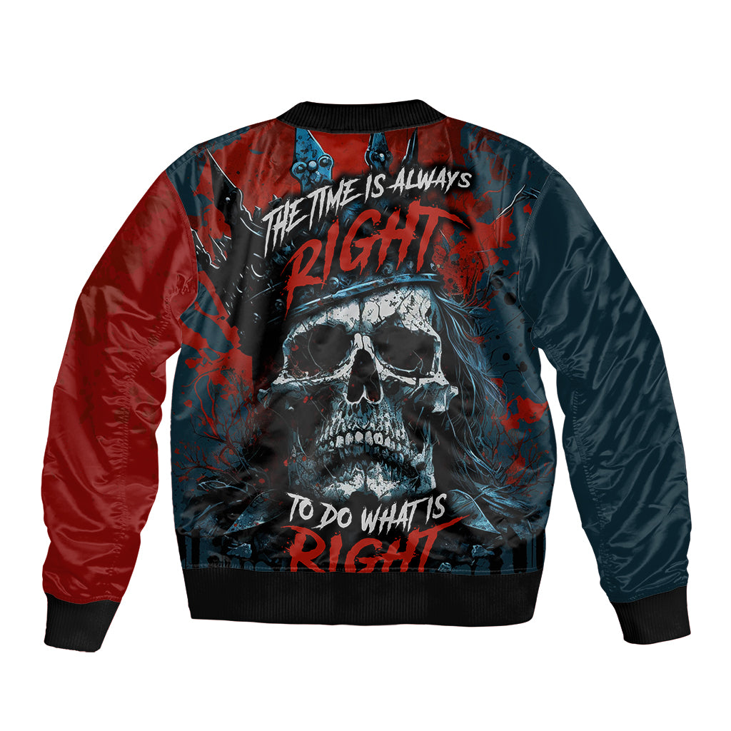Unisex bomber jacket, skull and slogan print on back, zip front, red and dark navy