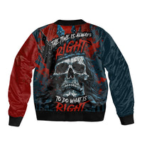 Unisex bomber jacket, skull and slogan print on back, zip front, red and dark navy
