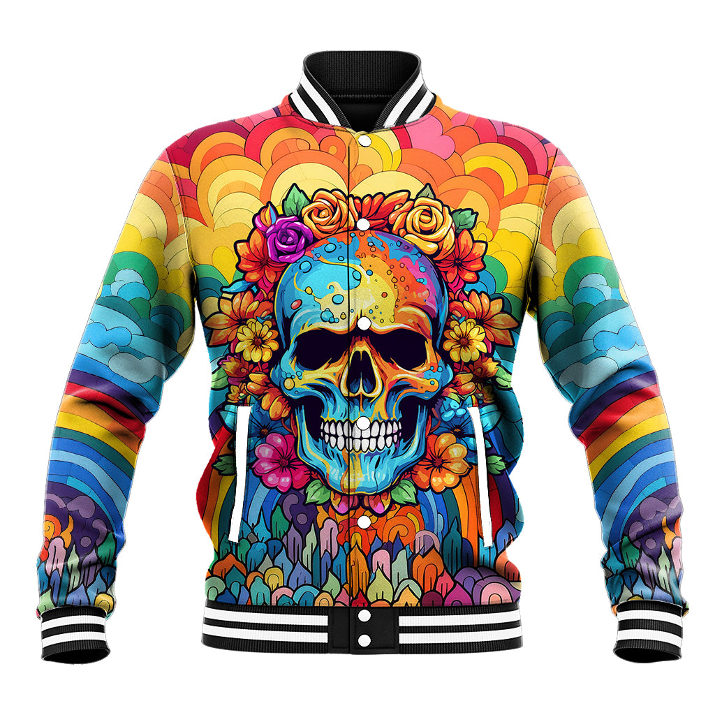 Multicolor floral skull baseball jacket with striped ribbed collar and cuffs