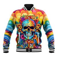 Multicolor floral skull baseball jacket with striped ribbed collar and cuffs
