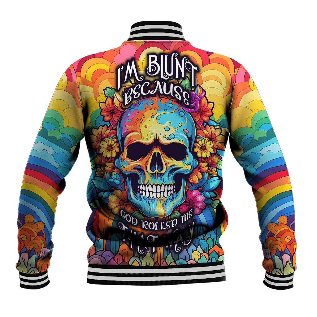 Multicolor floral skull baseball jacket with 'I'M BLUNT' printed on back
