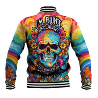 Multicolor floral skull baseball jacket with 'I'M BLUNT' printed on back