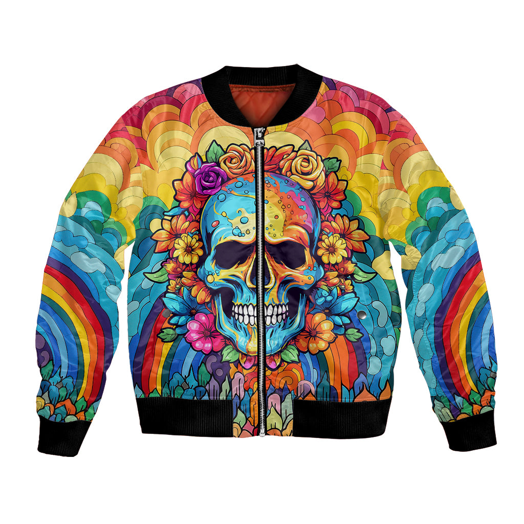 Multicolor floral skull bomber jacket with front zipper, black ribbed cuffs