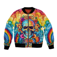 Multicolor floral skull bomber jacket with front zipper, black ribbed cuffs