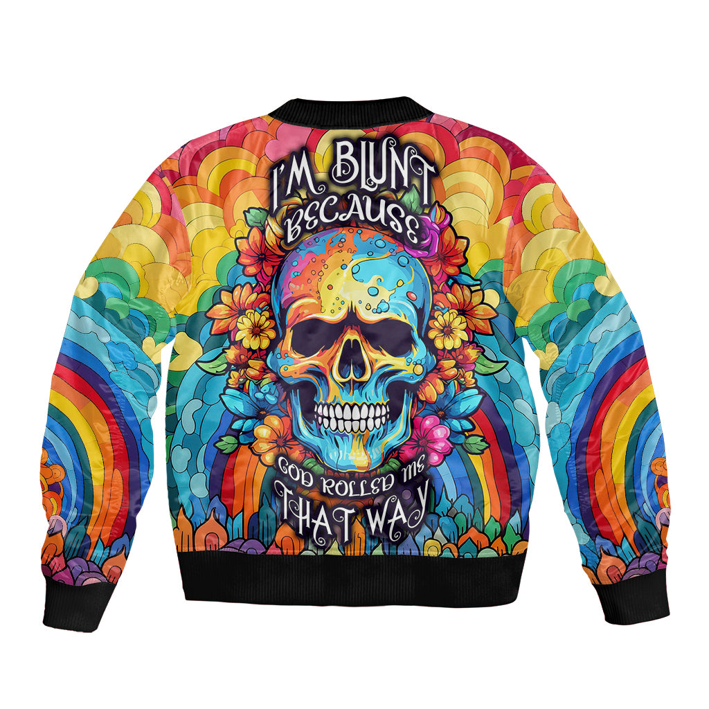 Multicolor floral skull bomber jacket with zipper, slogan graphic, black ribbed trim