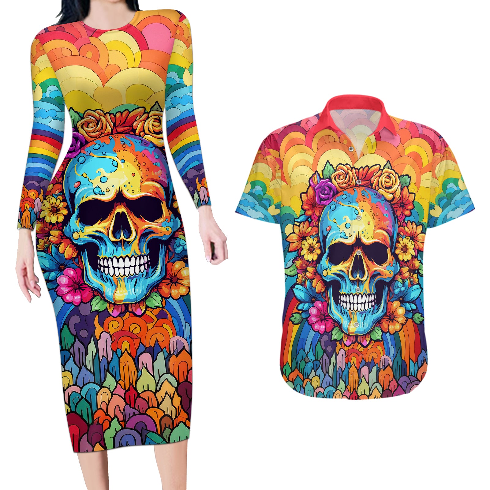 Floral Skull Couples Matching Long Sleeve Bodycon Dress and Hawaiian Shirt I'm Blunt because god rolled me that way - Wonder Print Shop