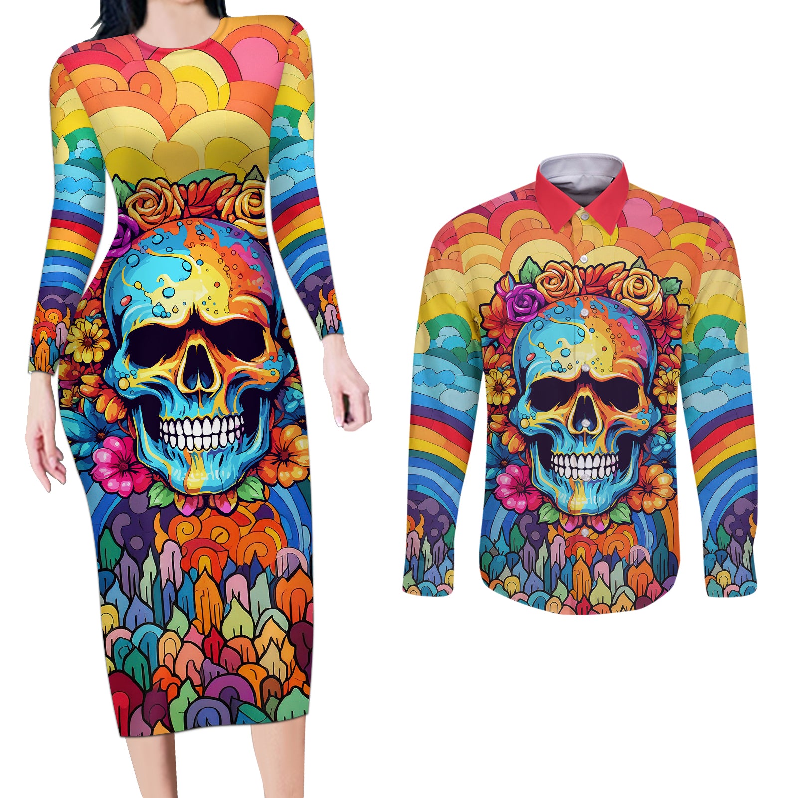 Floral Skull Couples Matching Long Sleeve Bodycon Dress and Long Sleeve Button Shirts I'm Blunt because god rolled me that way - Wonder Print Shop