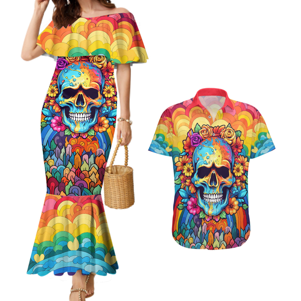 Floral Skull Couples Matching Mermaid Dress and Hawaiian Shirt I'm Blunt because god rolled me that way - Wonder Print Shop