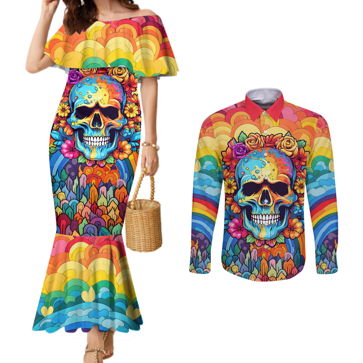 floral-skull-couples-matching-mermaid-dress-and-long-sleeve-button-shirts-im-blunt-because-god-rolled-me-that-way