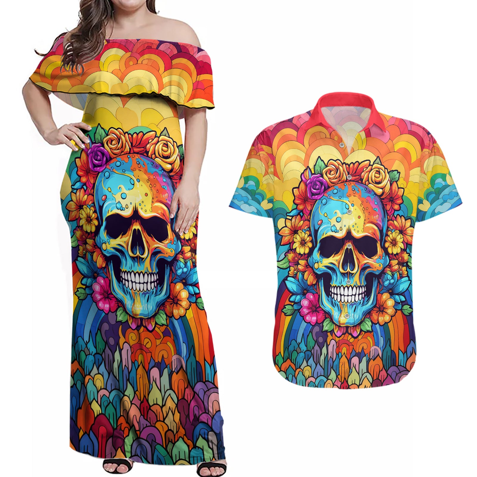 Floral Skull Couples Matching Off Shoulder Maxi Dress and Hawaiian Shirt I'm Blunt because god rolled me that way - Wonder Print Shop