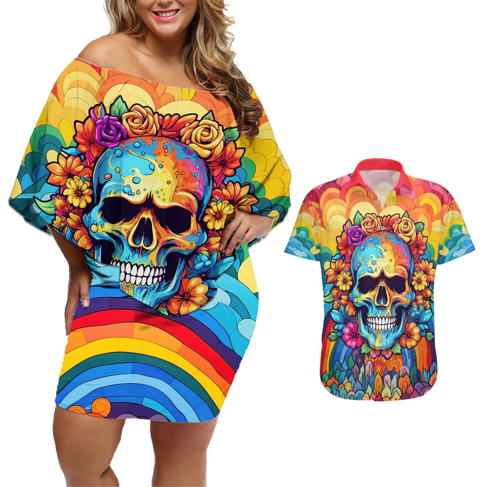 Floral Skull Couples Matching Off Shoulder Short Dress and Hawaiian Shirt I'm Blunt because god rolled me that way - Wonder Print Shop