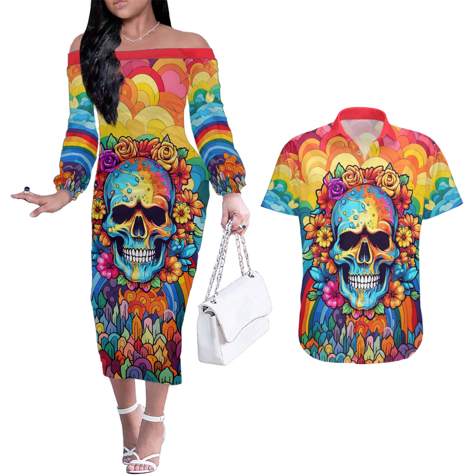 Floral Skull Couples Matching Off The Shoulder Long Sleeve Dress and Hawaiian Shirt I'm Blunt because god rolled me that way - Wonder Print Shop