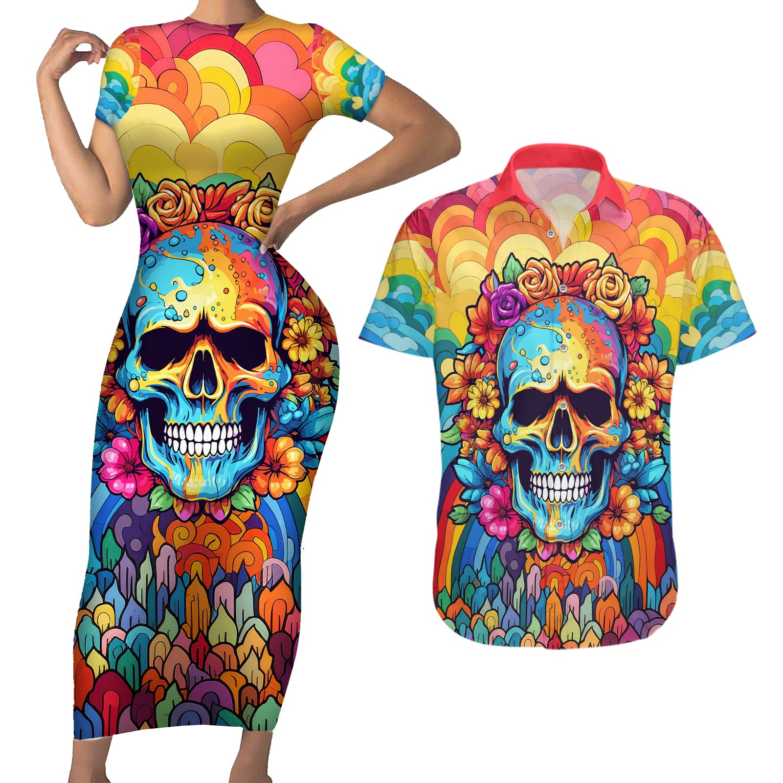 Floral Skull Couples Matching Short Sleeve Bodycon Dress and Hawaiian Shirt I'm Blunt because god rolled me that way - Wonder Print Shop