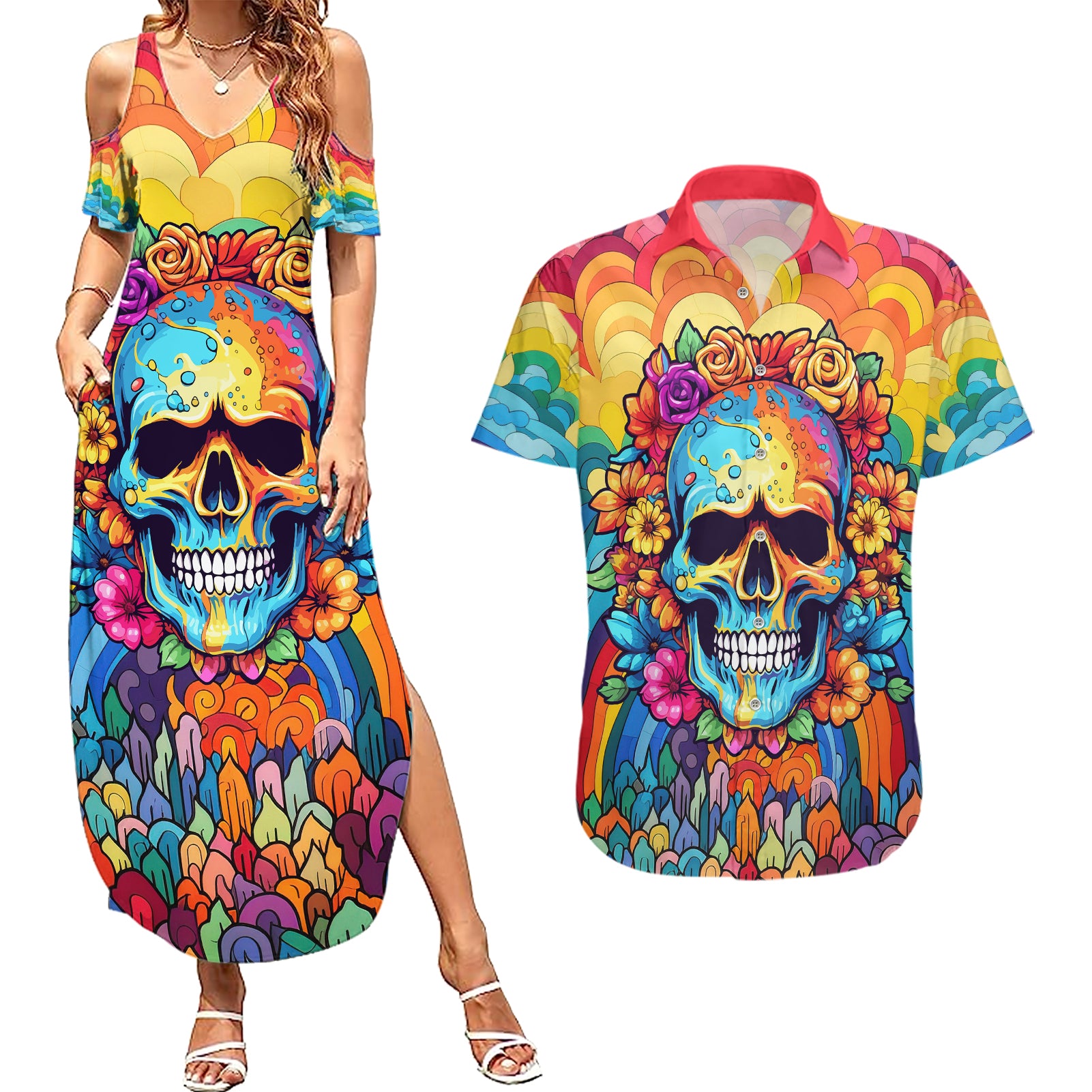 Floral Skull Couples Matching Summer Maxi Dress and Hawaiian Shirt I'm Blunt because god rolled me that way - Wonder Print Shop