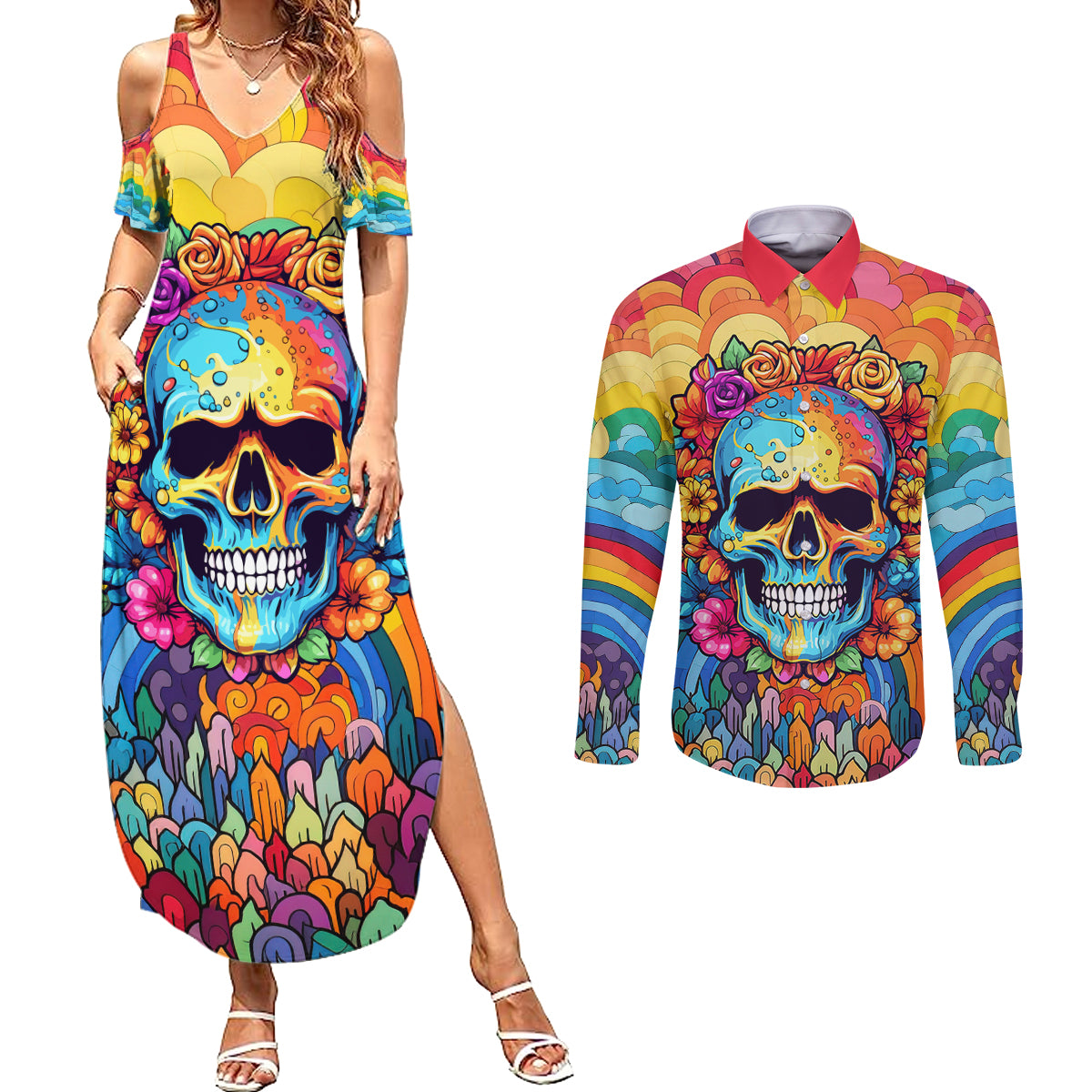 Floral Skull Couples Matching Summer Maxi Dress and Long Sleeve Button Shirts I'm Blunt because god rolled me that way - Wonder Print Shop