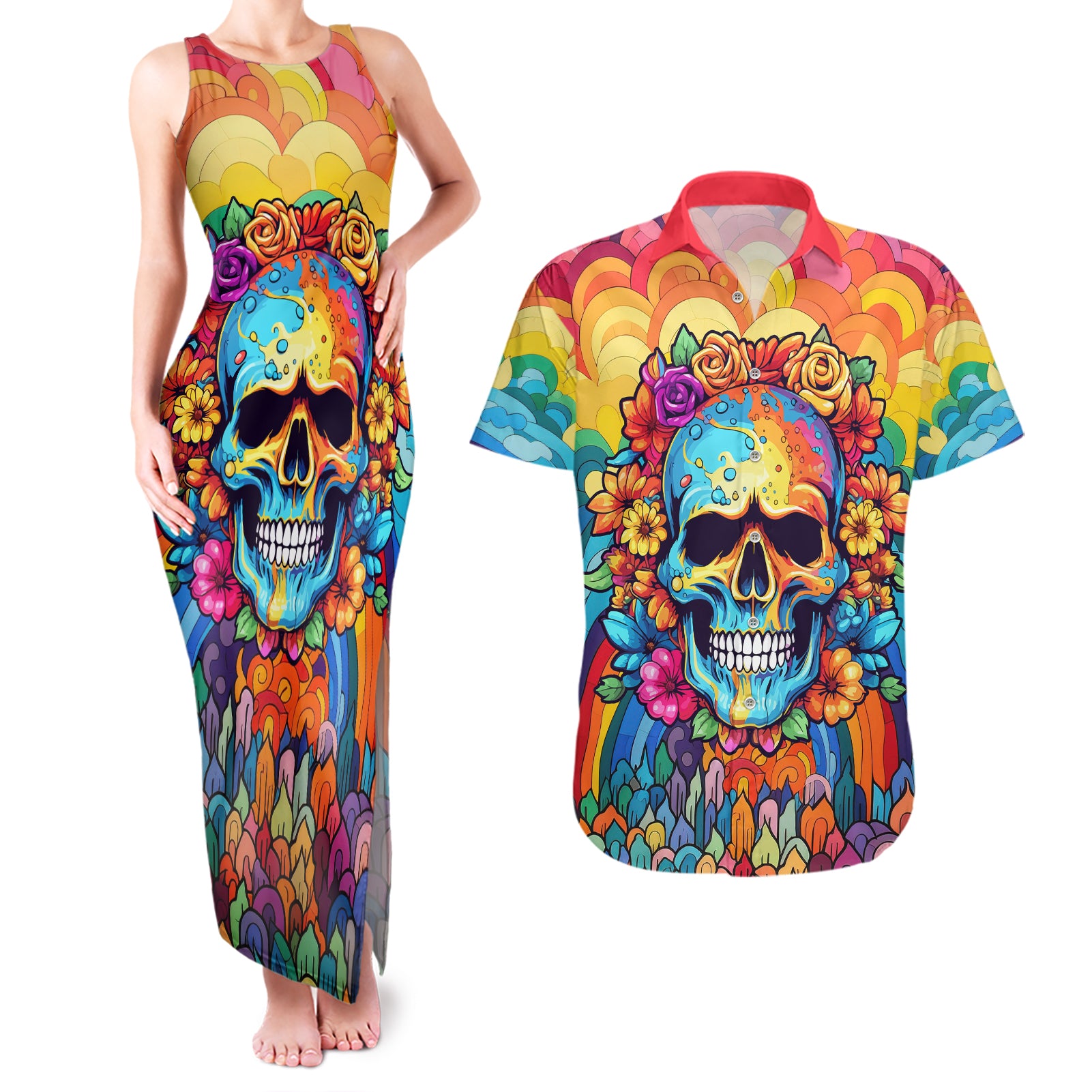 Floral Skull Couples Matching Tank Maxi Dress and Hawaiian Shirt I'm Blunt because god rolled me that way - Wonder Print Shop