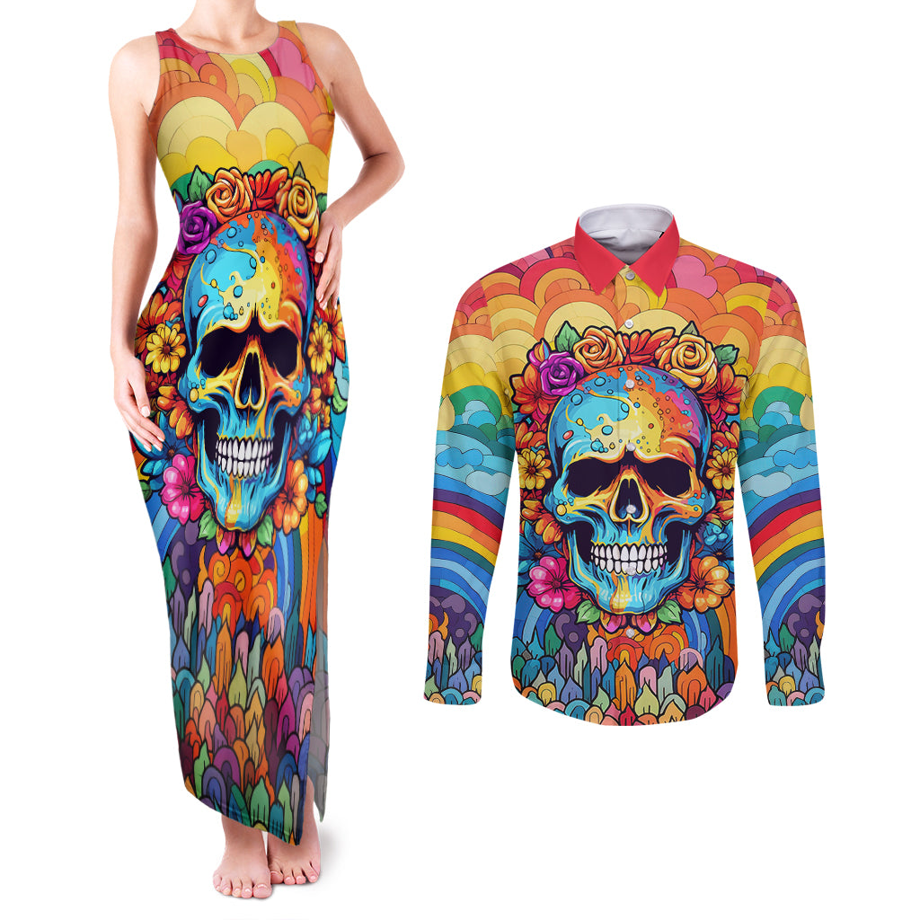 Floral Skull Couples Matching Tank Maxi Dress and Long Sleeve Button Shirts I'm Blunt because god rolled me that way - Wonder Print Shop