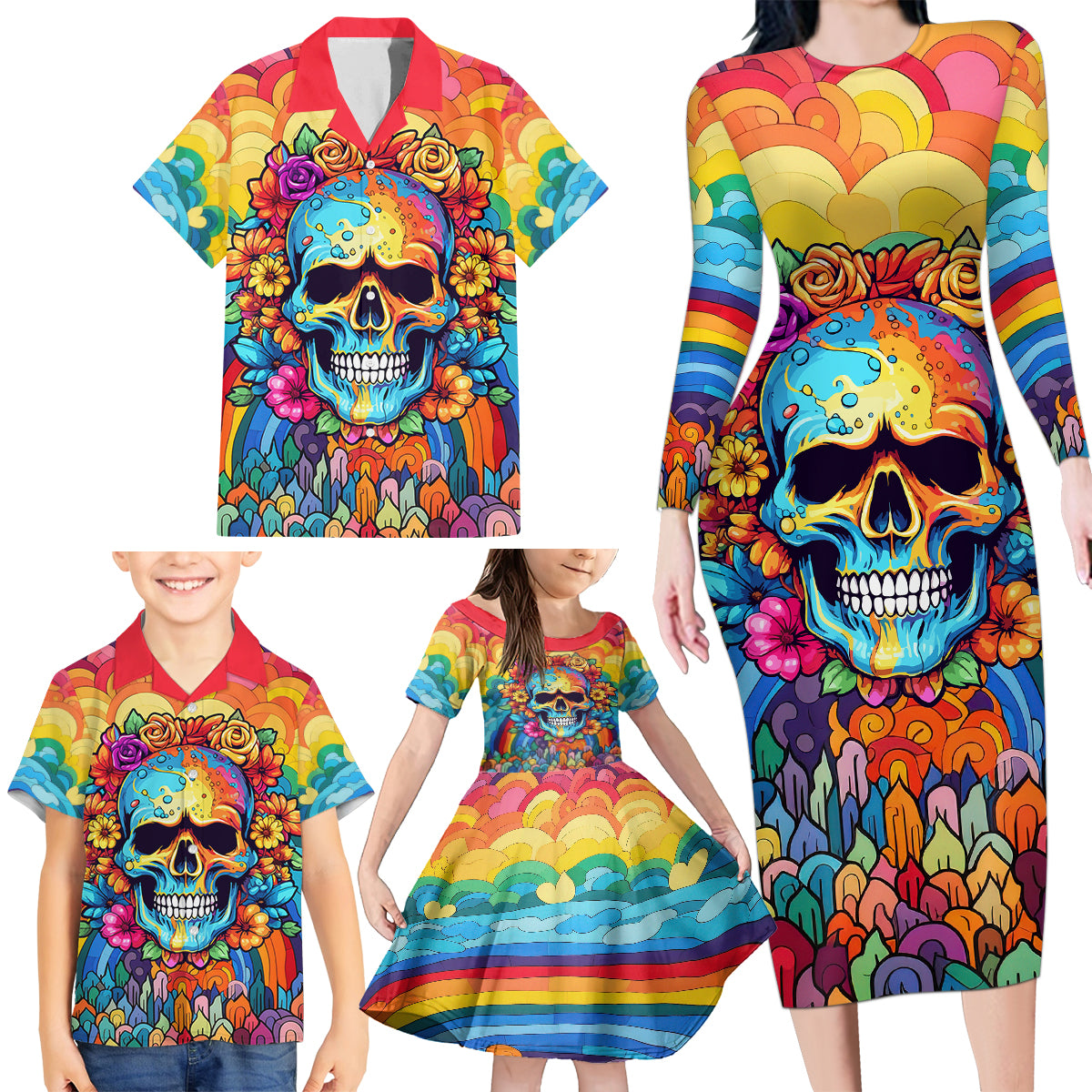 Floral Skull Family Matching Long Sleeve Bodycon Dress and Hawaiian Shirt I'm Blunt because god rolled me that way - Wonder Print Shop