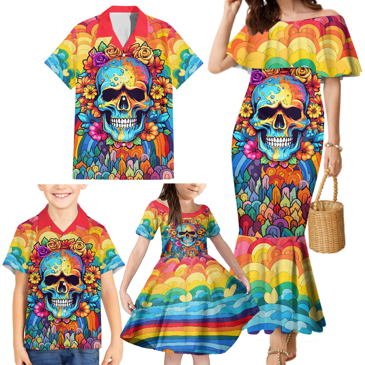 Floral Skull Family Matching Mermaid Dress and Hawaiian Shirt I'm Blunt because god rolled me that way - Wonder Print Shop