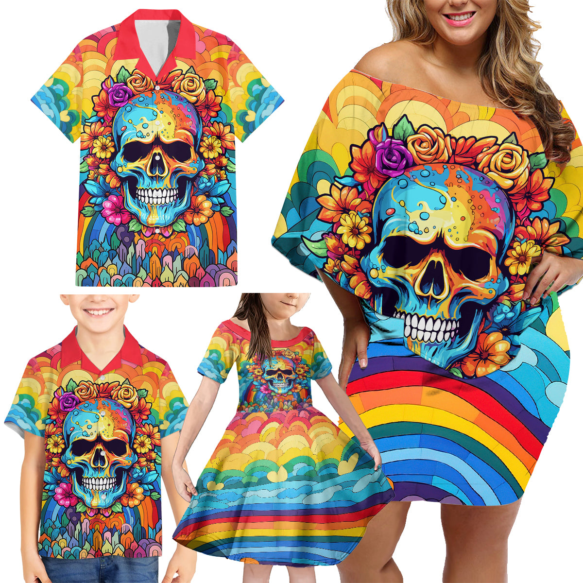 Floral Skull Family Matching Off Shoulder Short Dress and Hawaiian Shirt I'm Blunt because god rolled me that way - Wonder Print Shop