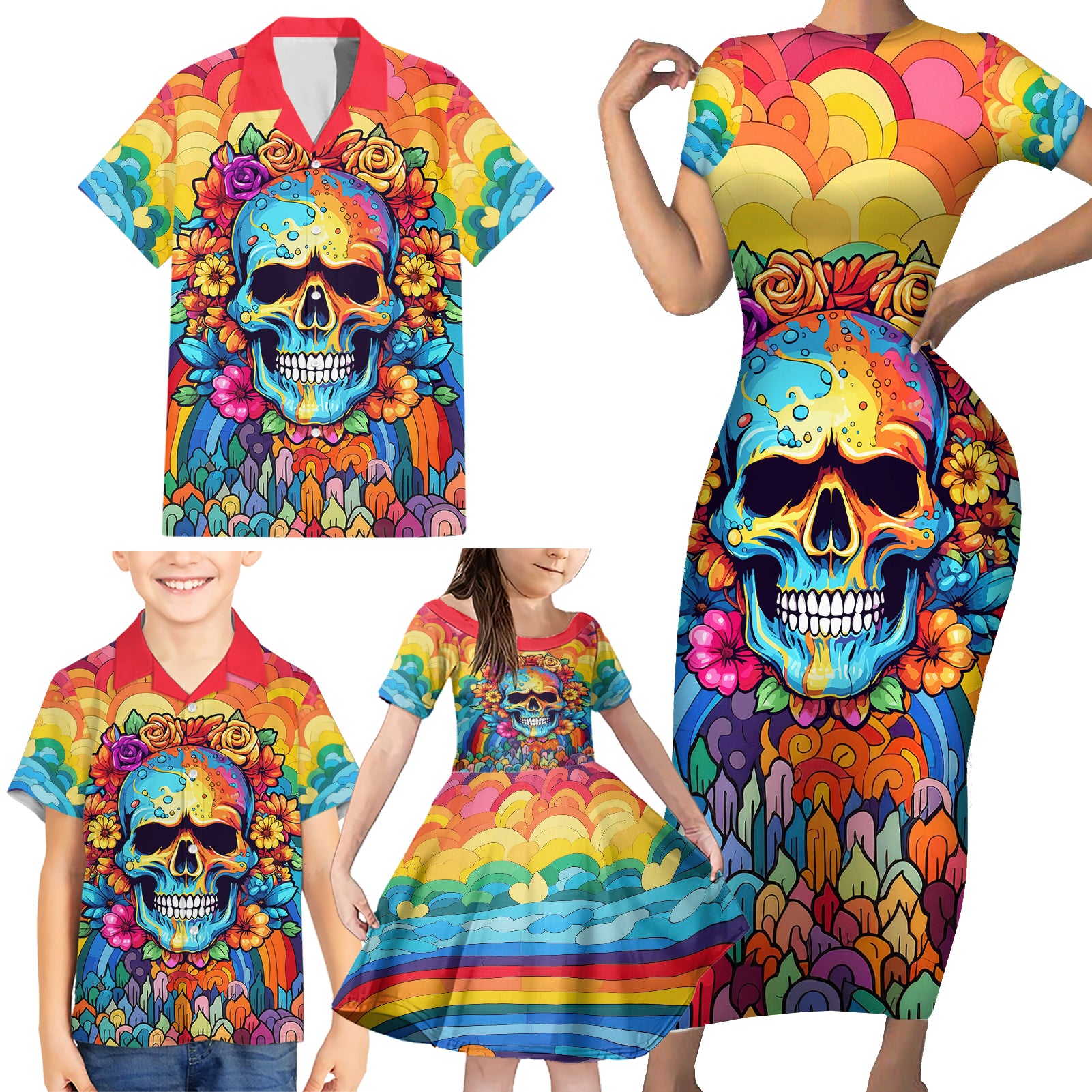 Floral Skull Family Matching Short Sleeve Bodycon Dress and Hawaiian Shirt I'm Blunt because god rolled me that way - Wonder Print Shop