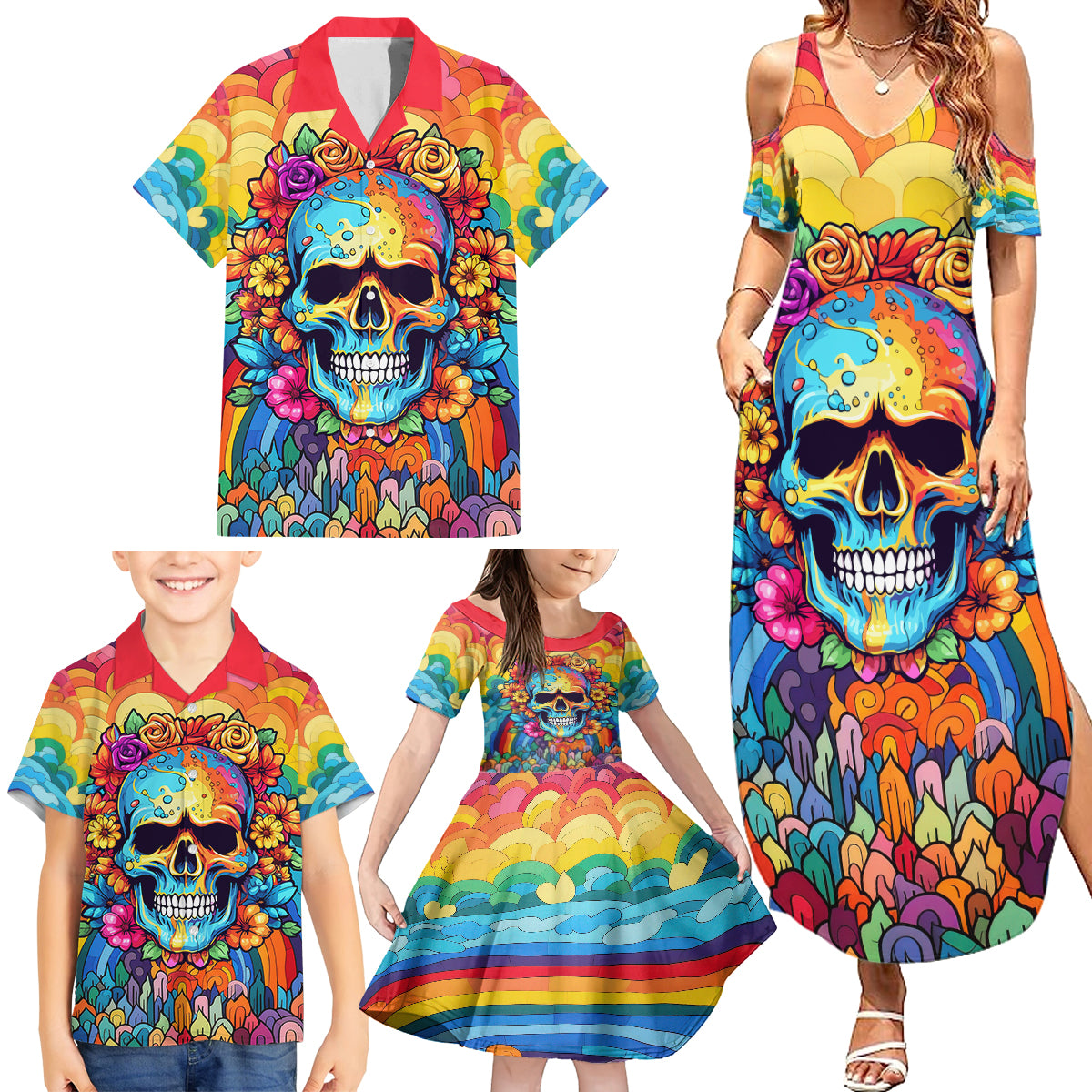 Floral Skull Family Matching Summer Maxi Dress and Hawaiian Shirt I'm Blunt because god rolled me that way - Wonder Print Shop