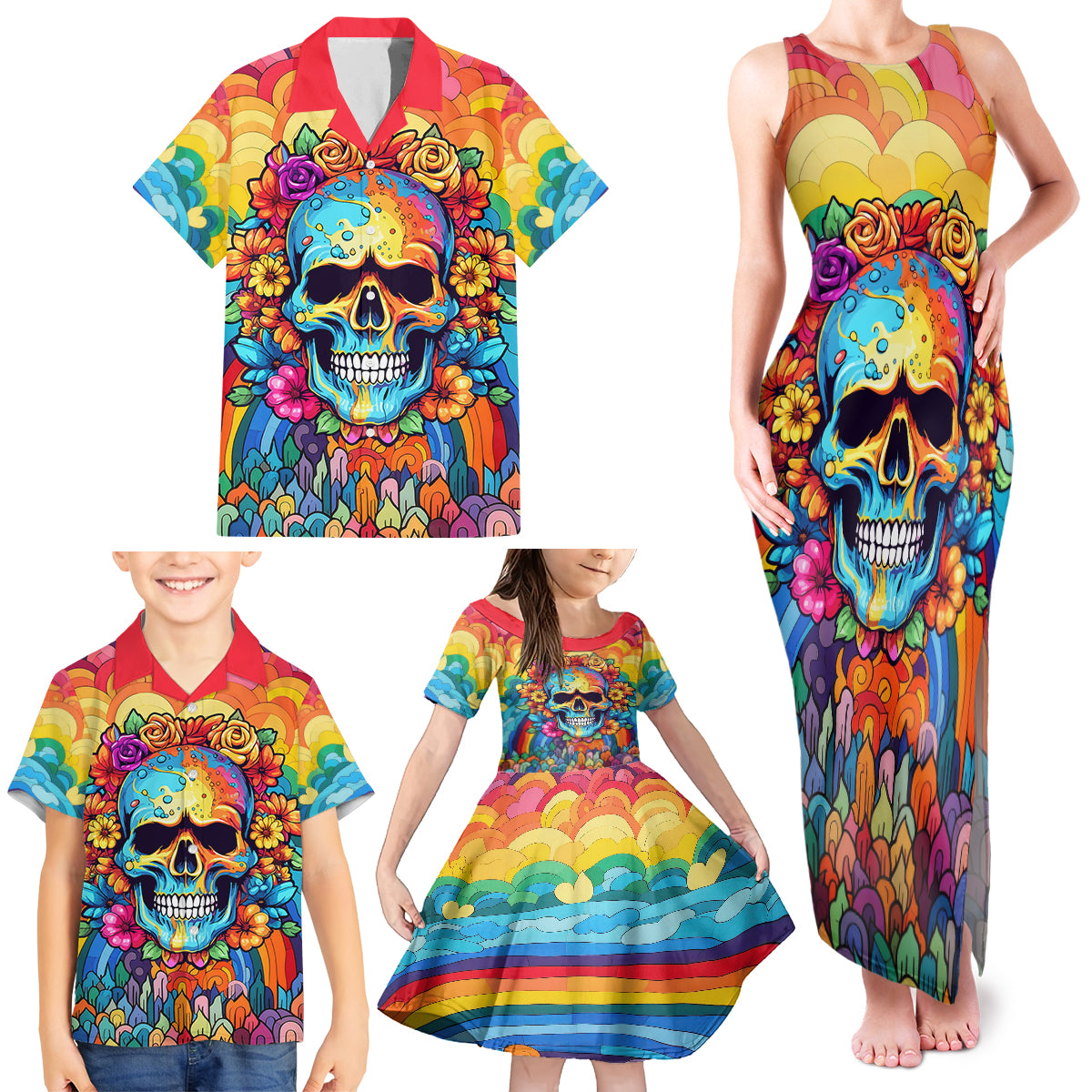 Floral Skull Family Matching Tank Maxi Dress and Hawaiian Shirt I'm Blunt because god rolled me that way - Wonder Print Shop