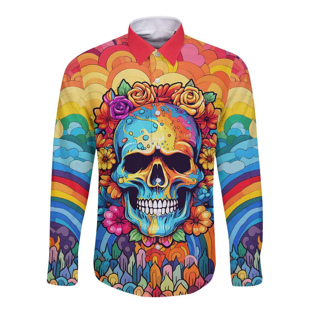 Multicolor floral skull long-sleeve button shirt with bright rainbow background art