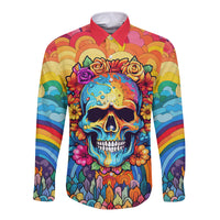 Multicolor floral skull long-sleeve button shirt with bright rainbow background art