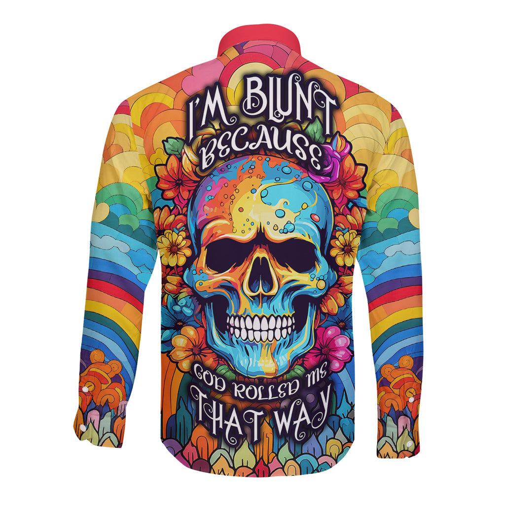 Multicolor floral skull long-sleeve button shirt with Blunt Because god text on back
