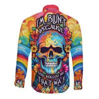 Multicolor floral skull long-sleeve button shirt with Blunt Because god text on back