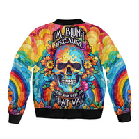 Multicolor floral skull zip-up bomber jacket with bold chest graphic text