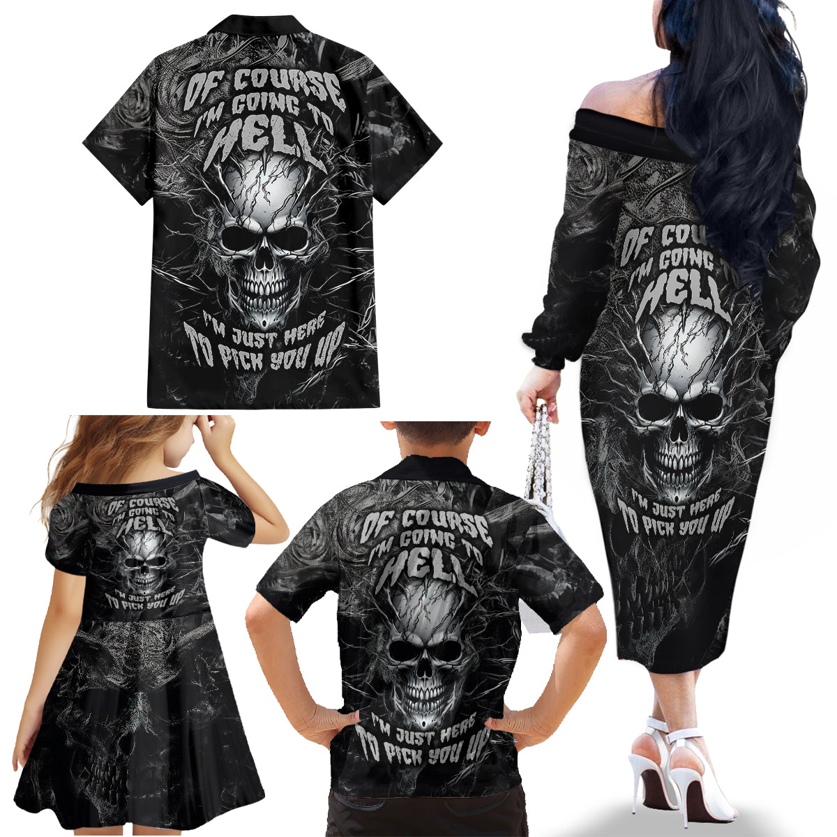 Horror Skull Family Matching Off Shoulder Long Sleeve Dress and Hawaiian Shirt Of course i'm going to hell i'm just here to pick you up - Wonder Print Shop