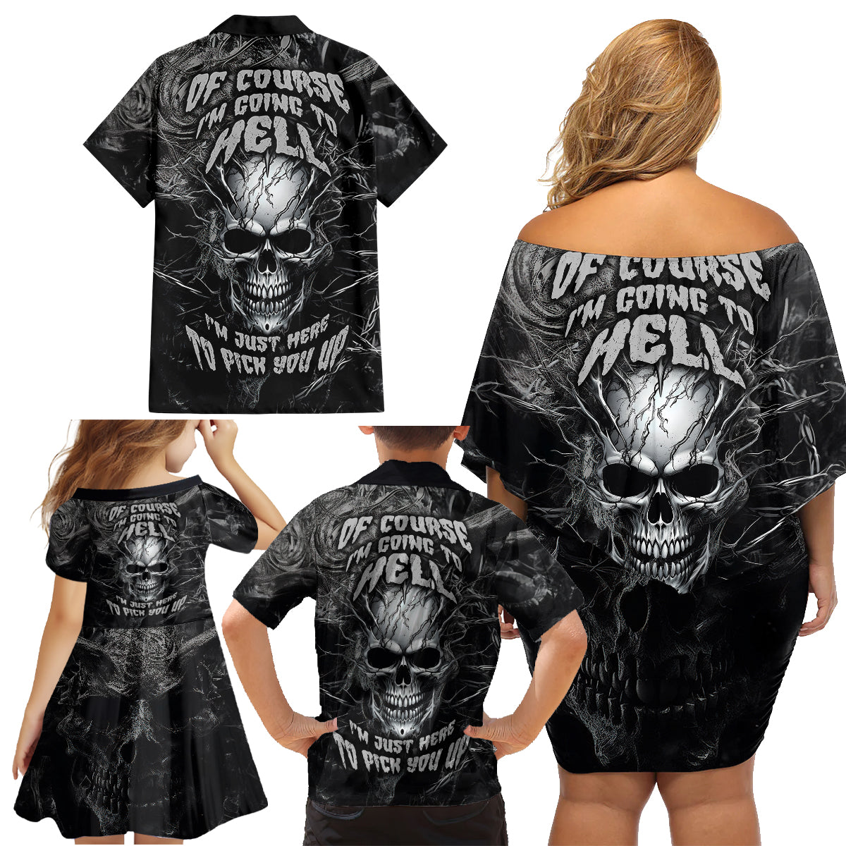 Horror Skull Family Matching Off Shoulder Short Dress and Hawaiian Shirt Of course i'm going to hell i'm just here to pick you up - Wonder Print Shop